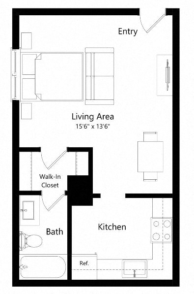 Floor plan for studio, 1 bath, 431 sqft